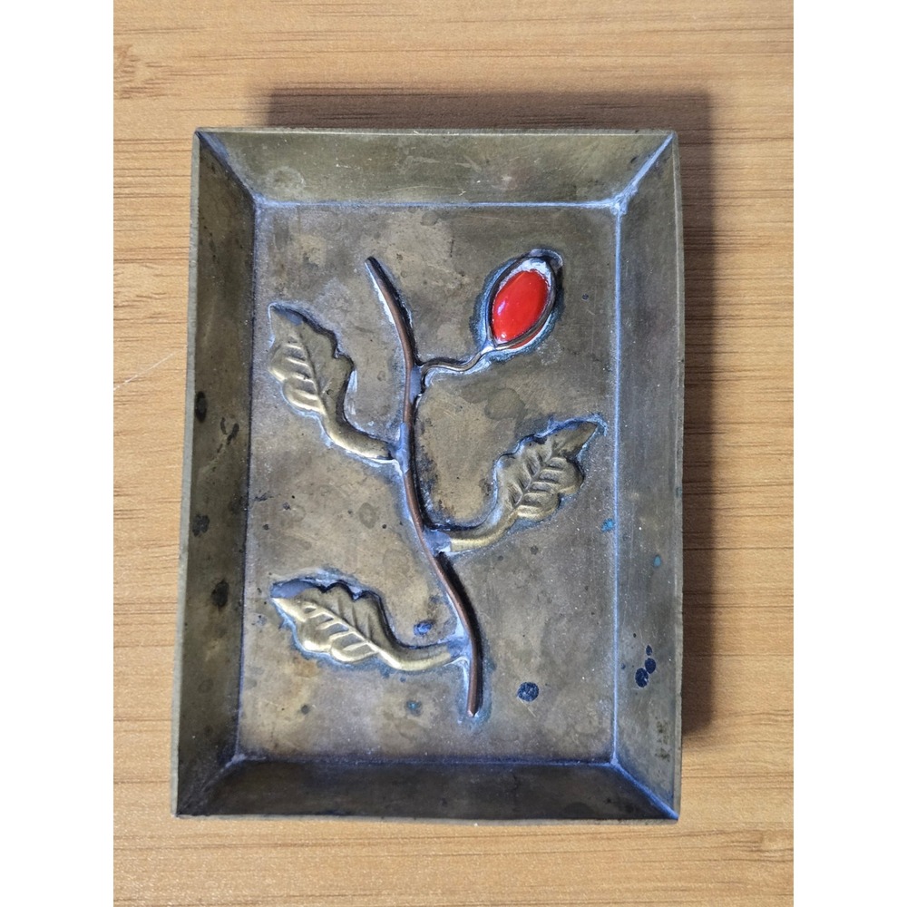 Vintage Brass Trinket Tray Red Stone Floral Rosebud Small Rectangular Dish 3.5in